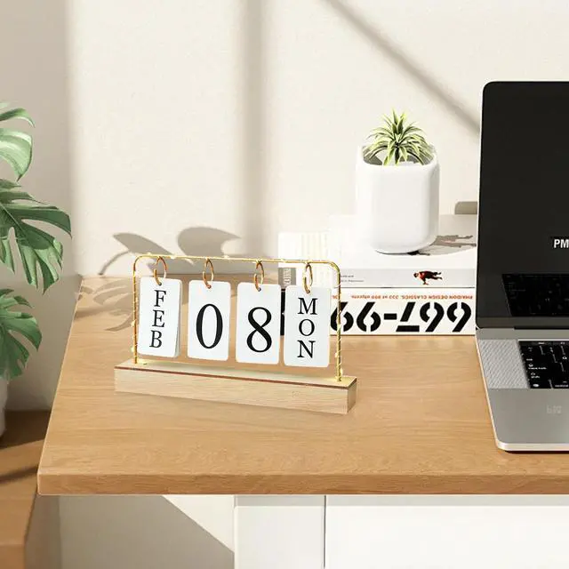 Alt view image 3 of 6 - Flip Wooden Perpetual Calendar Decor Gold Metal Stand with Light