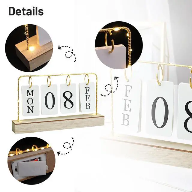 Alt view image 5 of 6 - Flip Wooden Perpetual Calendar Decor Gold Metal Stand with Light
