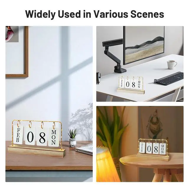 Alt view image 6 of 6 - Flip Wooden Perpetual Calendar Decor Gold Metal Stand with Light