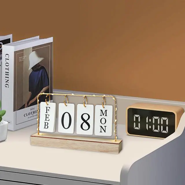 Alt view image 4 of 6 - Flip Wooden Perpetual Calendar Decor Gold Metal Stand with Light