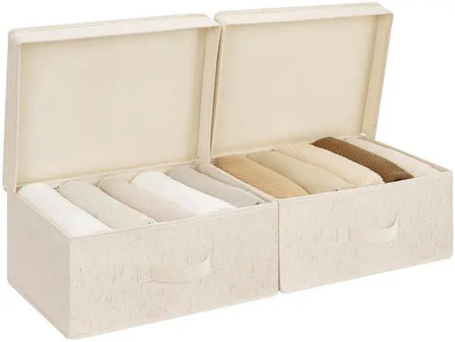 Main image of Storage Bins with Lid, Decorative Fabric Storage Bins with Handles, Stackable Closet Organizers for Shelves and Bedroom, Small, Beige(Natural Fabric), 2-Pack
