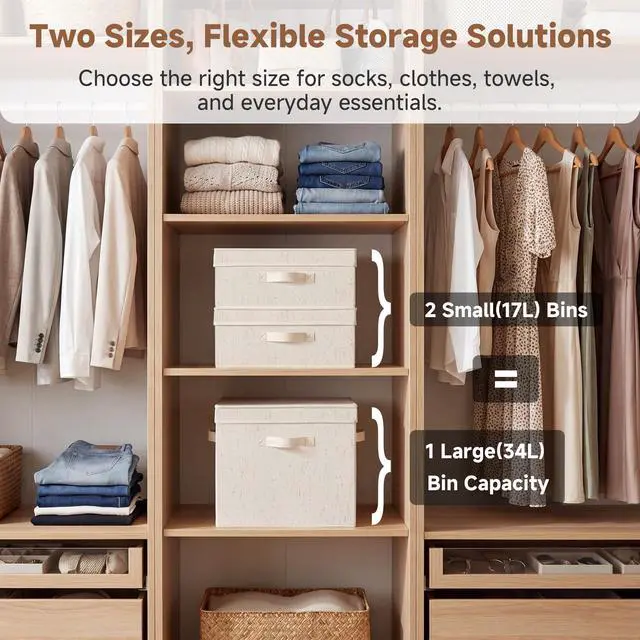 Alt view image 3 of 7 - Storage Bins with Lid, Decorative Fabric Storage Bins with Handles, Stackable Closet Organizers for Shelves and Bedroom, Small, Beige(Natural Fabric), 2-Pack