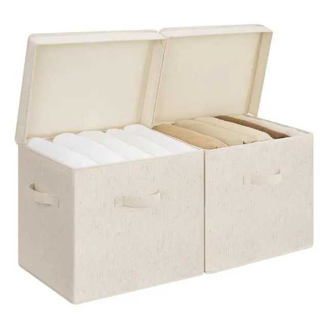 Alt view image 4 of 7 - Storage Bins with Lid, Decorative Fabric Storage Bins with Handles, Stackable Closet Organizers for Shelves and Bedroom, Small, Beige(Natural Fabric), 2-Pack
