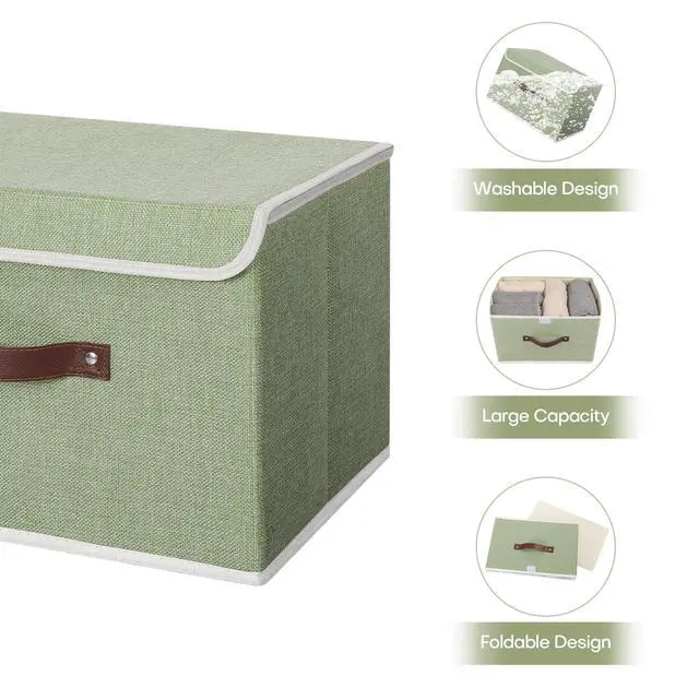 Alt view image 4 of 7 - Fabric Storage Box Bins with Lids, Green, 15"x10"x10"