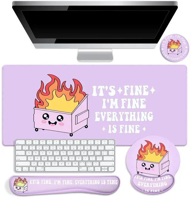 Main image of 4 Pcs Dumpster Mouse Pad Kit Mouse Wrist Rest, Purple Funny Cute Fire Large Desk Mat, Keyboard Wrist Rest, Coaster, Ergonomic Desk Mat Gaming Work Home Office Accessories Supplies Decor