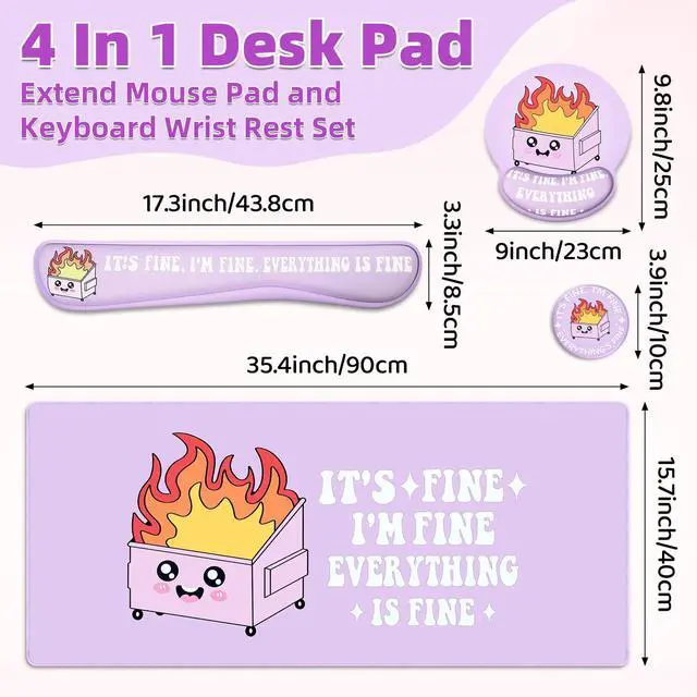 Alt view image 2 of 6 - 4 Pcs Dumpster Mouse Pad Kit Mouse Wrist Rest, Purple Funny Cute Fire Large Desk Mat, Keyboard Wrist Rest, Coaster, Ergonomic Desk Mat Gaming Work Home Office Accessories Supplies Decor