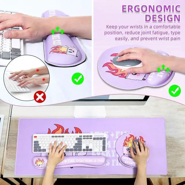 Alt view image 4 of 6 - 4 Pcs Dumpster Mouse Pad Kit Mouse Wrist Rest, Purple Funny Cute Fire Large Desk Mat, Keyboard Wrist Rest, Coaster, Ergonomic Desk Mat Gaming Work Home Office Accessories Supplies Decor