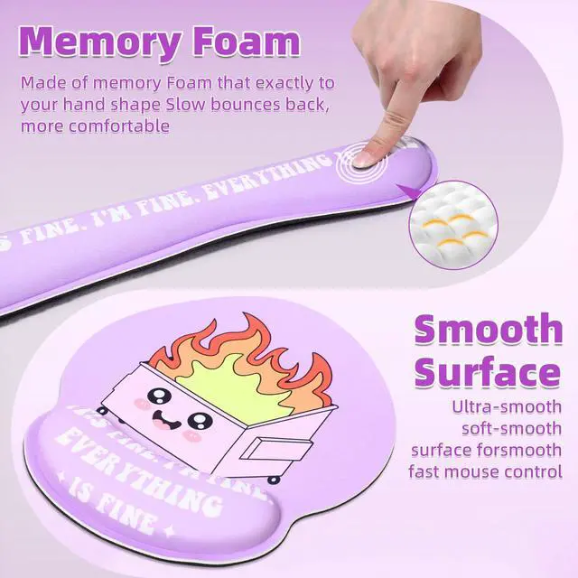 Alt view image 3 of 6 - 4 Pcs Dumpster Mouse Pad Kit Mouse Wrist Rest, Purple Funny Cute Fire Large Desk Mat, Keyboard Wrist Rest, Coaster, Ergonomic Desk Mat Gaming Work Home Office Accessories Supplies Decor