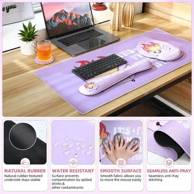 Alt view image 5 of 6 - 4 Pcs Dumpster Mouse Pad Kit Mouse Wrist Rest, Purple Funny Cute Fire Large Desk Mat, Keyboard Wrist Rest, Coaster, Ergonomic Desk Mat Gaming Work Home Office Accessories Supplies Decor