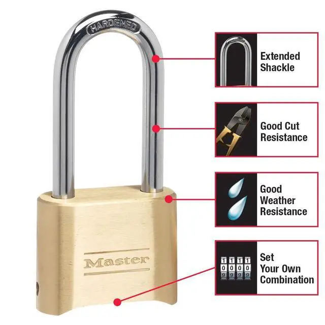 Alt view image 2 of 6 - Brass Combination Lock, Gate Lock for Outdoor Fence or Shed, Customizable Combination Padlock with Extended 2-1/4-Inch-Long Shackle, 175DLH
