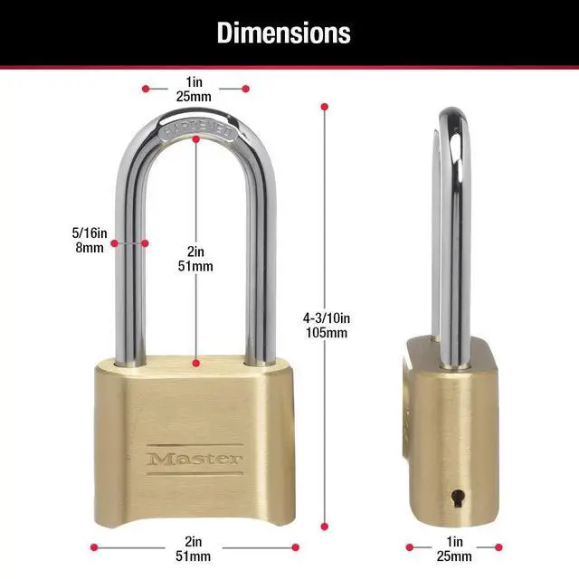 Alt view image 6 of 6 - Brass Combination Lock, Gate Lock for Outdoor Fence or Shed, Customizable Combination Padlock with Extended 2-1/4-Inch-Long Shackle, 175DLH