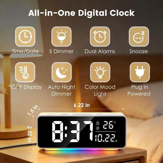Alt view image 2 of 7 - Digital Alarm Clock for Bedrooms with Mood Night Light, Date/Week/Temperature Display, Dual Alarms, Snooze, Brightness Dimmer, 3 Volume Adjustable, Plug in Desk Table Clocks