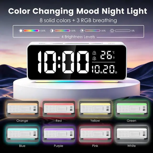 Alt view image 3 of 7 - Digital Alarm Clock for Bedrooms with Mood Night Light, Date/Week/Temperature Display, Dual Alarms, Snooze, Brightness Dimmer, 3 Volume Adjustable, Plug in Desk Table Clocks