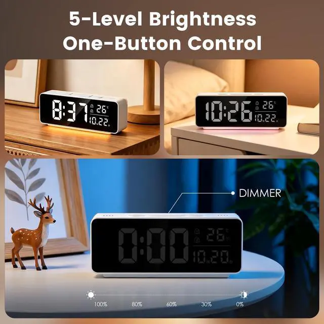 Alt view image 5 of 7 - Digital Alarm Clock for Bedrooms with Mood Night Light, Date/Week/Temperature Display, Dual Alarms, Snooze, Brightness Dimmer, 3 Volume Adjustable, Plug in Desk Table Clocks