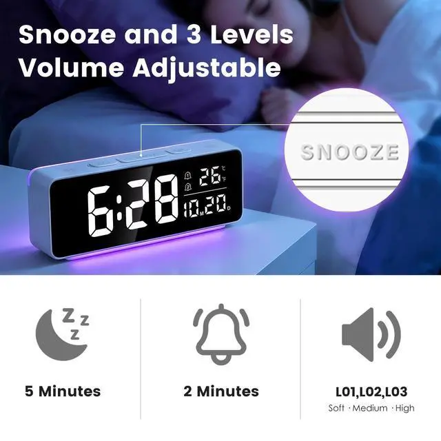 Alt view image 4 of 7 - Digital Alarm Clock for Bedrooms with Mood Night Light, Date/Week/Temperature Display, Dual Alarms, Snooze, Brightness Dimmer, 3 Volume Adjustable, Plug in Desk Table Clocks