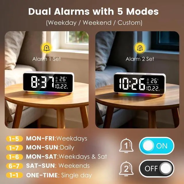 Alt view image 6 of 7 - Digital Alarm Clock for Bedrooms with Mood Night Light, Date/Week/Temperature Display, Dual Alarms, Snooze, Brightness Dimmer, 3 Volume Adjustable, Plug in Desk Table Clocks