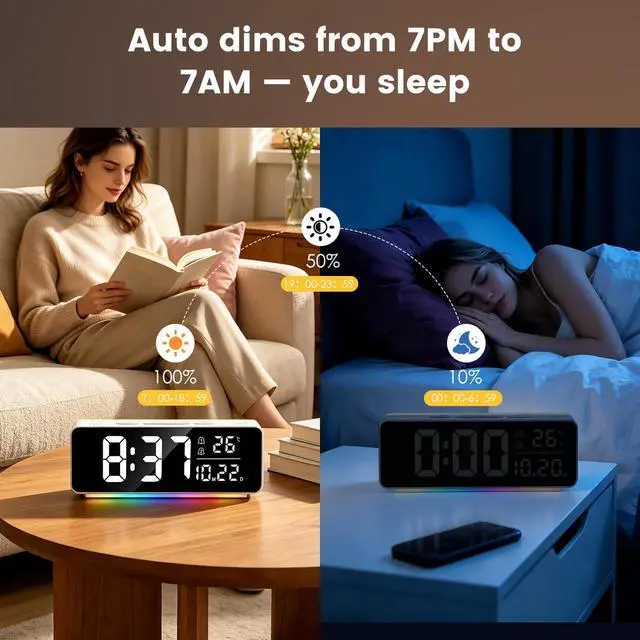 Alt view image 7 of 7 - Digital Alarm Clock for Bedrooms with Mood Night Light, Date/Week/Temperature Display, Dual Alarms, Snooze, Brightness Dimmer, 3 Volume Adjustable, Plug in Desk Table Clocks