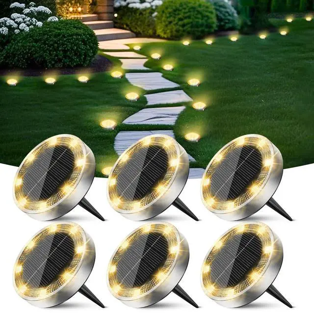Main image of Solar Ground Lights Outdoor, 6 Pack Flat Solar Powered Disc Lights, IP68 Waterproof, Anti-Rust, Landscape Lighting for Pathway Garden Yard Lawn Walkway Landscape Driveway, Mini, Warm White