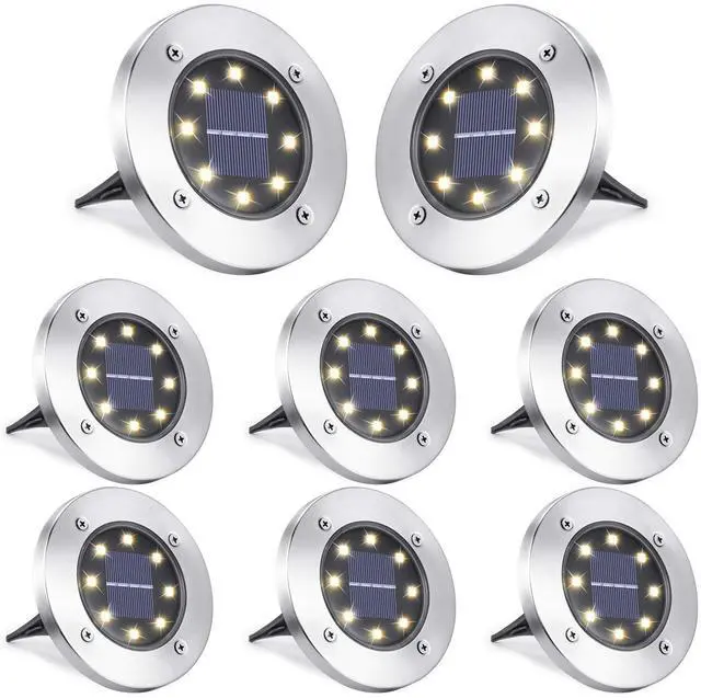 Main image of Solar Ground Lights Outdoor, 8 Pack 8 LED Solar Disk Lights Waterproof Garden In-ground Pathway Light Landscape Lighting for Lawn,Yard,Deck,Patio,Walkway (Warm White)