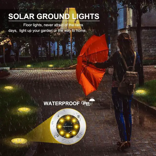Alt view image 4 of 7 - Solar Ground Lights Outdoor, 8 Pack 8 LED Solar Disk Lights Waterproof Garden In-ground Pathway Light Landscape Lighting for Lawn,Yard,Deck,Patio,Walkway (Warm White)