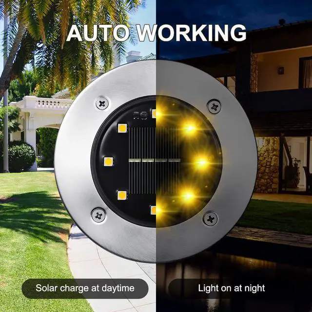 Alt view image 6 of 7 - Solar Ground Lights Outdoor, 8 Pack 8 LED Solar Disk Lights Waterproof Garden In-ground Pathway Light Landscape Lighting for Lawn,Yard,Deck,Patio,Walkway (Warm White)