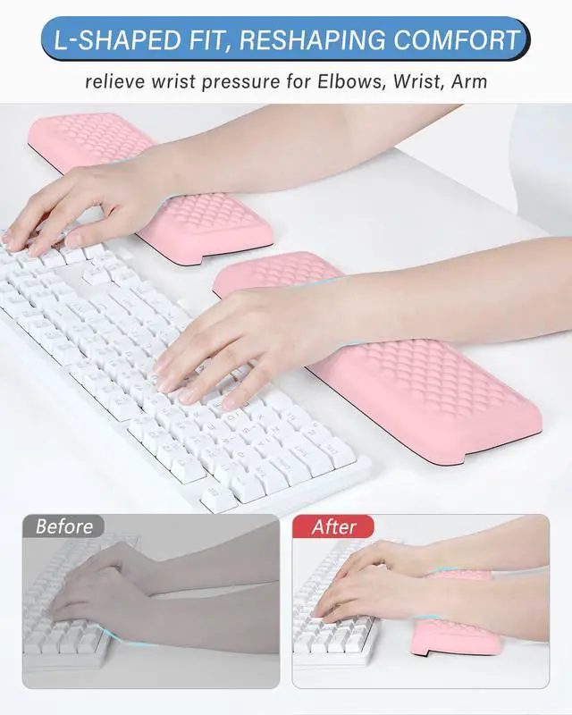 Alt view image 6 of 7 - 2-Piece L Shaped Split-Design Desk Elbow Pad, Dual-Zone Support, Tri-Zone Relief for Elbow/Forearm/Wrist, Adaptive to All Desk Geometry, Non-Slip Laser-Engraved Base, Pink