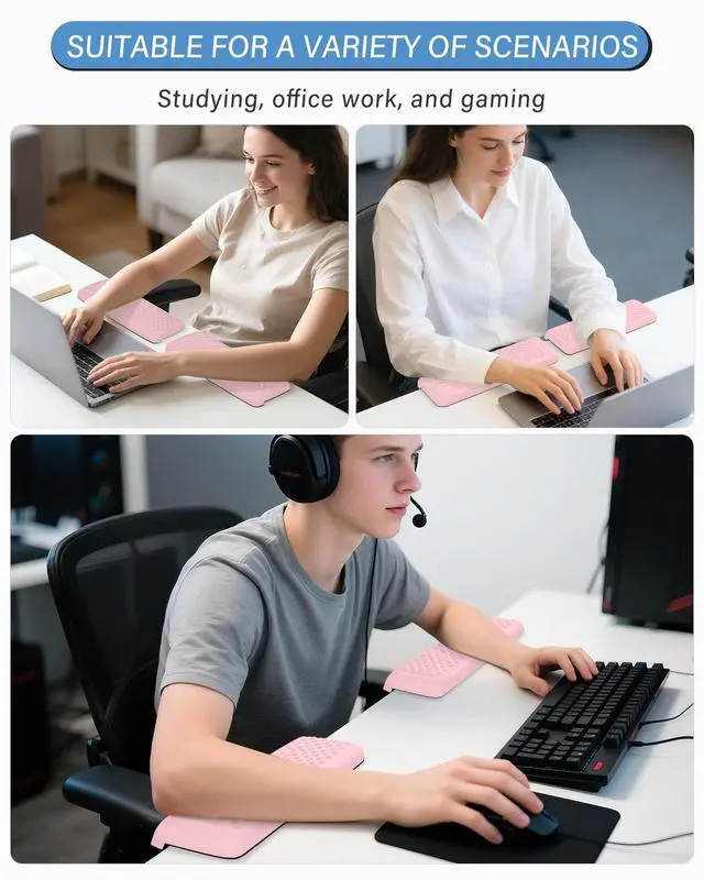 Alt view image 7 of 7 - 2-Piece L Shaped Split-Design Desk Elbow Pad, Dual-Zone Support, Tri-Zone Relief for Elbow/Forearm/Wrist, Adaptive to All Desk Geometry, Non-Slip Laser-Engraved Base, Pink