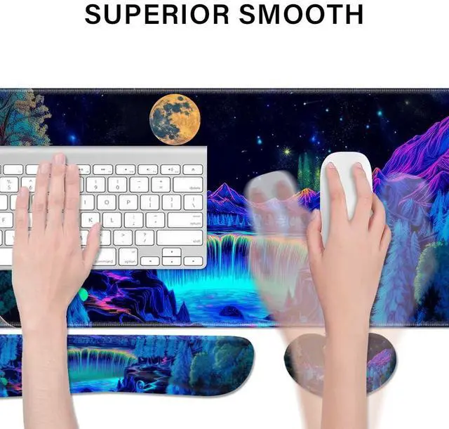 Alt view image 2 of 6 - Desk Pad and Keyboard Wrist Rest, Large Mouse Pad + Keyboard Pad+Mouse Wrist Support, Non-Slip Desk Mat Protector for Office, Home 31.5×11.8 Inches Waterfall