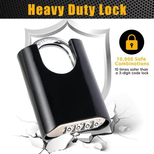 Alt view image 4 of 6 - 4-Digit Combination Lock Outdoor Padlock - Heavy Duty Locker Lock with Hardened Steel Shackle, Waterproof Combo Lock for Gym Locker, Hasp Storage, Shed, Fence, Gate (Obsidian Black,1Pcs)