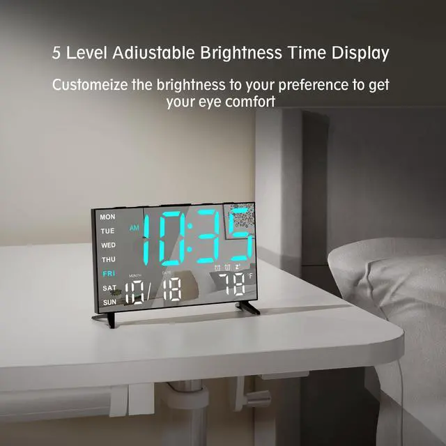 Alt view image 2 of 7 - Mirror Digital Loud Alarm Clock,Indoor Temperature,USB Charging Port,Dimmer,Dual Alarms,Adjustable Volum,12/24H,Snooze,Perfect for Bedroom and Living Room (Black+Ice Blue Digit)