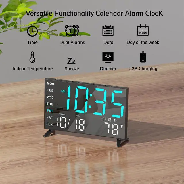 Alt view image 7 of 7 - Mirror Digital Loud Alarm Clock,Indoor Temperature,USB Charging Port,Dimmer,Dual Alarms,Adjustable Volum,12/24H,Snooze,Perfect for Bedroom and Living Room (Black+Ice Blue Digit)