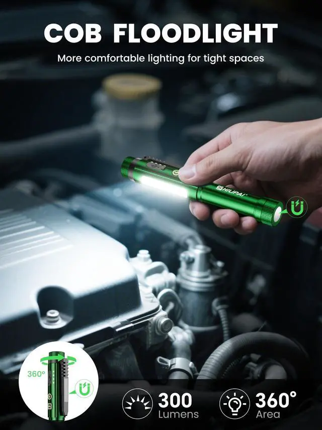 Alt view image 3 of 7 - Rechargeable Penlight Flashlight, 600 Lumens COB LED Work Light with Magnetic Clip, 8 Lighting Modes, USB-C Pocket Flashlight with Power Indicator for EDC, Inspection, Emergency and Daily Use(Green)