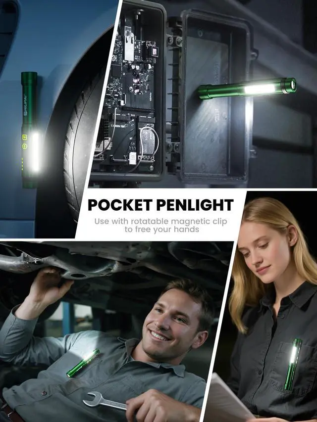 Alt view image 6 of 7 - Rechargeable Penlight Flashlight, 600 Lumens COB LED Work Light with Magnetic Clip, 8 Lighting Modes, USB-C Pocket Flashlight with Power Indicator for EDC, Inspection, Emergency and Daily Use(Green)
