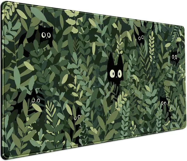 Main image of Cute Anime Cats Desk Mat Green Leaves Kawaii Mousepad XXL Extended Large Gaming Mouse Pad Cat, Aesthetic Extended Laptop Keyboard Mat Desk Pad for Women Office Gamer Girl Decor 31.5x15.75 in