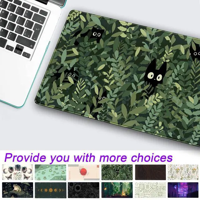 Alt view image 2 of 7 - Cute Anime Cats Desk Mat Green Leaves Kawaii Mousepad XXL Extended Large Gaming Mouse Pad Cat, Aesthetic Extended Laptop Keyboard Mat Desk Pad for Women Office Gamer Girl Decor 31.5x15.75 in