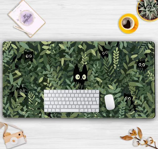 Alt view image 7 of 7 - Cute Anime Cats Desk Mat Green Leaves Kawaii Mousepad XXL Extended Large Gaming Mouse Pad Cat, Aesthetic Extended Laptop Keyboard Mat Desk Pad for Women Office Gamer Girl Decor 31.5x15.75 in