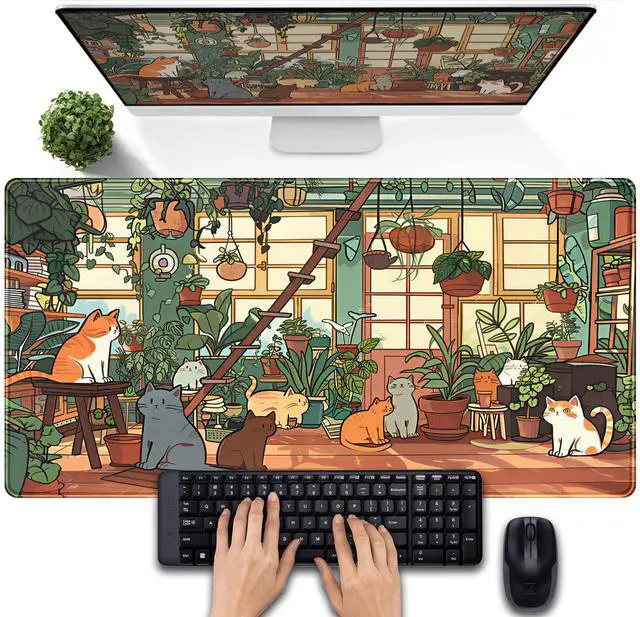 Main image of Large Desk Mouse Pad Cute Cats Desk Mat, Extended Gaming Mouse Mat, Office Home Keyboard Pad, Green Plant Computer Mats XXL, Cute Full Desktop Mat, Anime PC Accessories for Women 31.5" x 15.75"