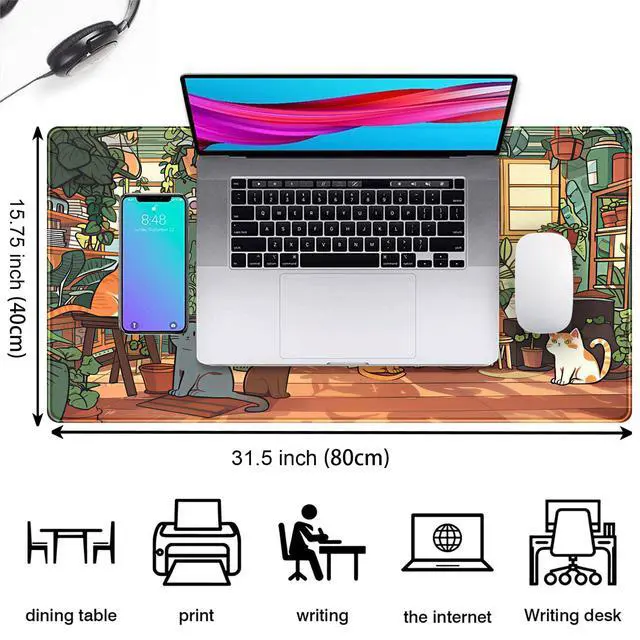 Alt view image 2 of 7 - Large Desk Mouse Pad Cute Cats Desk Mat, Extended Gaming Mouse Mat, Office Home Keyboard Pad, Green Plant Computer Mats XXL, Cute Full Desktop Mat, Anime PC Accessories for Women 31.5" x 15.75"