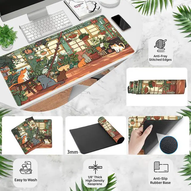 Alt view image 3 of 7 - Large Desk Mouse Pad Cute Cats Desk Mat, Extended Gaming Mouse Mat, Office Home Keyboard Pad, Green Plant Computer Mats XXL, Cute Full Desktop Mat, Anime PC Accessories for Women 31.5" x 15.75"