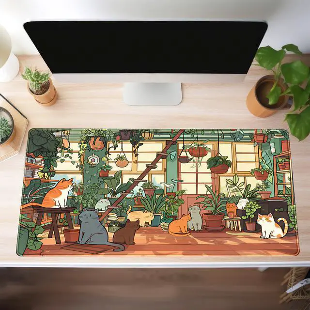 Alt view image 4 of 7 - Large Desk Mouse Pad Cute Cats Desk Mat, Extended Gaming Mouse Mat, Office Home Keyboard Pad, Green Plant Computer Mats XXL, Cute Full Desktop Mat, Anime PC Accessories for Women 31.5" x 15.75"