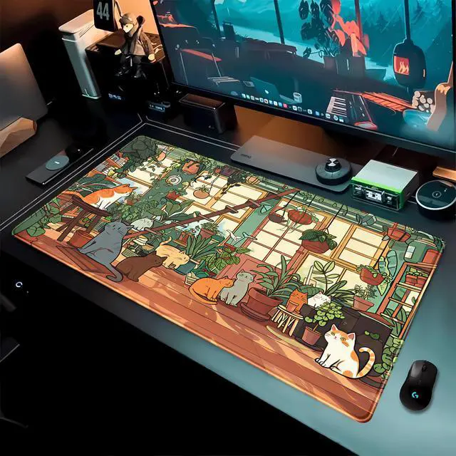 Alt view image 5 of 7 - Large Desk Mouse Pad Cute Cats Desk Mat, Extended Gaming Mouse Mat, Office Home Keyboard Pad, Green Plant Computer Mats XXL, Cute Full Desktop Mat, Anime PC Accessories for Women 31.5" x 15.75"