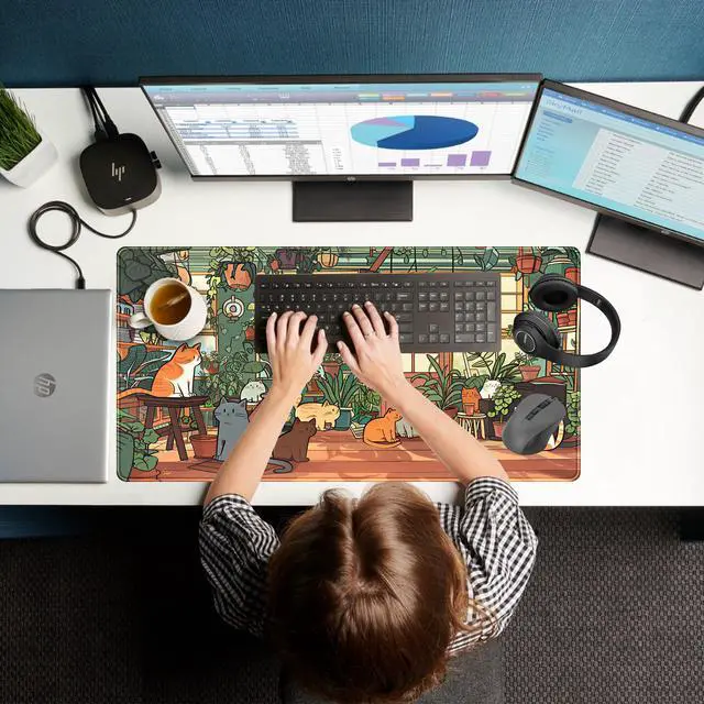 Alt view image 7 of 7 - Large Desk Mouse Pad Cute Cats Desk Mat, Extended Gaming Mouse Mat, Office Home Keyboard Pad, Green Plant Computer Mats XXL, Cute Full Desktop Mat, Anime PC Accessories for Women 31.5" x 15.75"