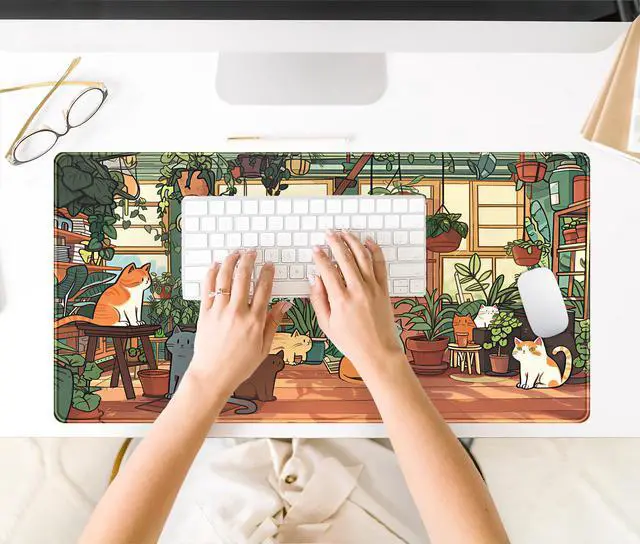 Alt view image 6 of 7 - Large Desk Mouse Pad Cute Cats Desk Mat, Extended Gaming Mouse Mat, Office Home Keyboard Pad, Green Plant Computer Mats XXL, Cute Full Desktop Mat, Anime PC Accessories for Women 31.5" x 15.75"