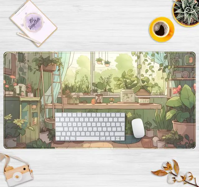 Alt view image 7 of 7 - Cute Desk Mat Green Plants Gaming Mouse Pad XXL Large Extended Sage Laptop Keyboard and Mouse Mat with Stitched Edges, Computer Desktop Mat Playmat for Women Office Desk Decor Pad Mat 31.5x15.7 in