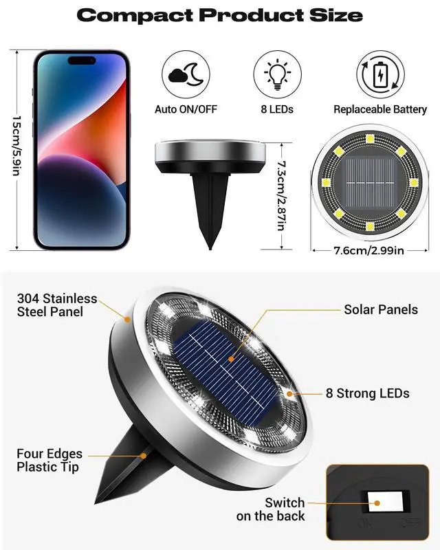 Alt view image 6 of 7 - 6 Pack Solar Lights Outdoor, 8 LED Solar Ground Lights IP65 Waterproof Flat Solar Disc Light, Pathway Lights for Garden Lawn Patio Yard Path Landscape, Cool White