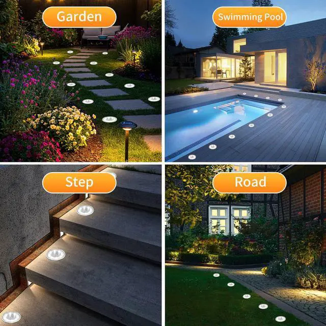 Alt view image 3 of 4 - Ground Lights 8 Pack, IP68 Waterproof Solar Disc Lights for Outdoor, Flat Garden Light, In-Ground Light, Landscape Lighting for Pathway, Walkway, and Yard-8 Pcs (Cold White)