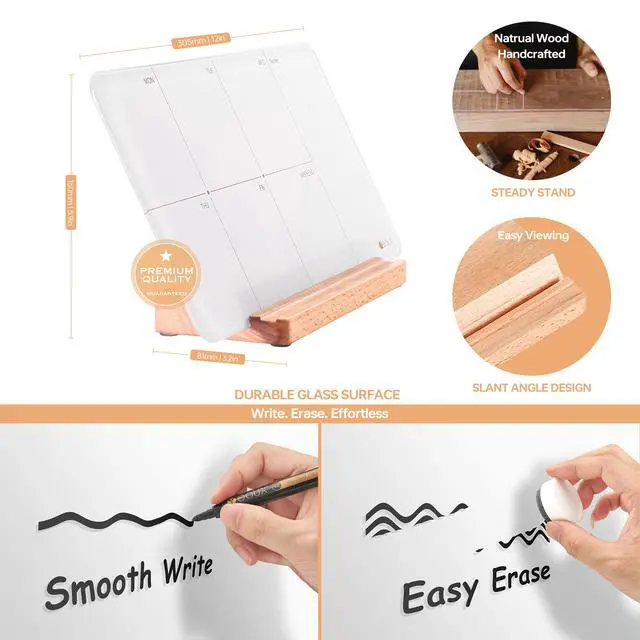 Alt view image 3 of 7 - Desktop Glass Weekly Planner Whiteboard with Detachable Wood Stand,Small Portable Dry Erase Calendar to Do List White Board 12x6" for Office, Home, Schools, Marker&Eraser Included, Yeoux