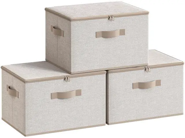 Main image of Large Storage Bins with Lids, 31 Quart Fabric Closet Organizer With Zipper, 3 Pack Foldable Storage Boxes, 15.7 x 11.8 x 9.8 Inches, Summer Sand URZB003K01