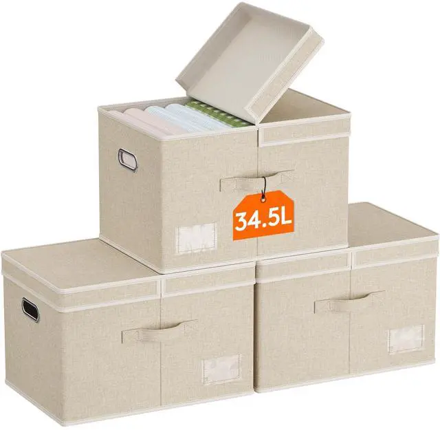 Main image of Fabric Foldable Storage Bins with Lids and Handles,34.5L,3 Pack