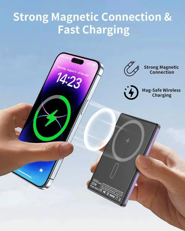 Alt view image 2 of 7 - Wireless Portable Charger,5000mAh Slim Magnetic Power Bank Phone Charger with USB-C Cable, PD 20W Fast Charging Mag-Safe Battery Pack Travel Charger for Phone 17 16 15 14 13 Pro Max(Purple)